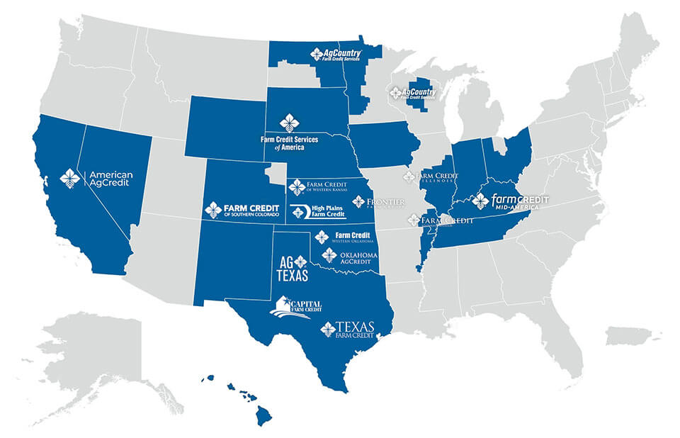 A United States map displaying Rural 1st's locations and partner Farm Credit associations.